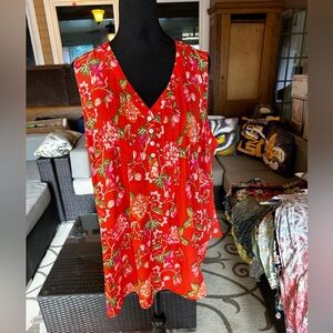 Rose and Olive Sleeveless Orange Floral Blouse in 1X